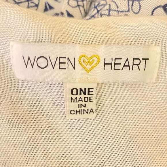 Woven Heart Blue White Kimono Swim Coverup Boho Hippie w Pom Pom Trim One Size - Picture 5 of 5